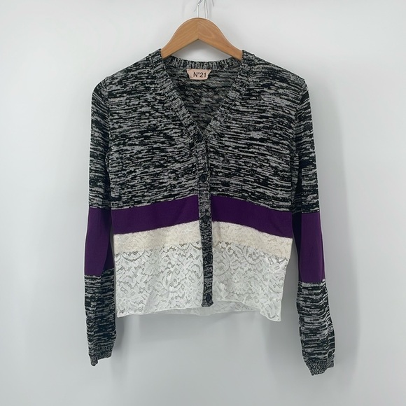 No. 21 Purple Gray White Striped Cardigan S A15